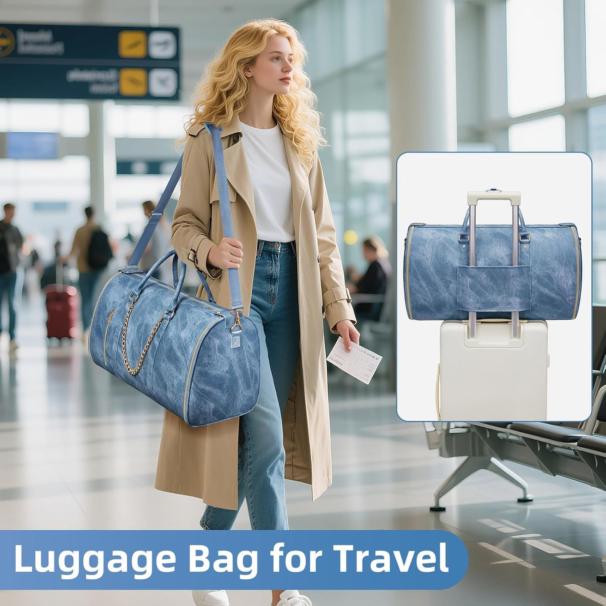 Garment Bags for Travel, Convertible Suit Travel Bag for Women, Stylish Carry On Garment Bag with Toiletry Pocket, Shoulder Strap and Shoes Compartment, 2 in 1 Foldable PU Leather Duffle Bag, Blue