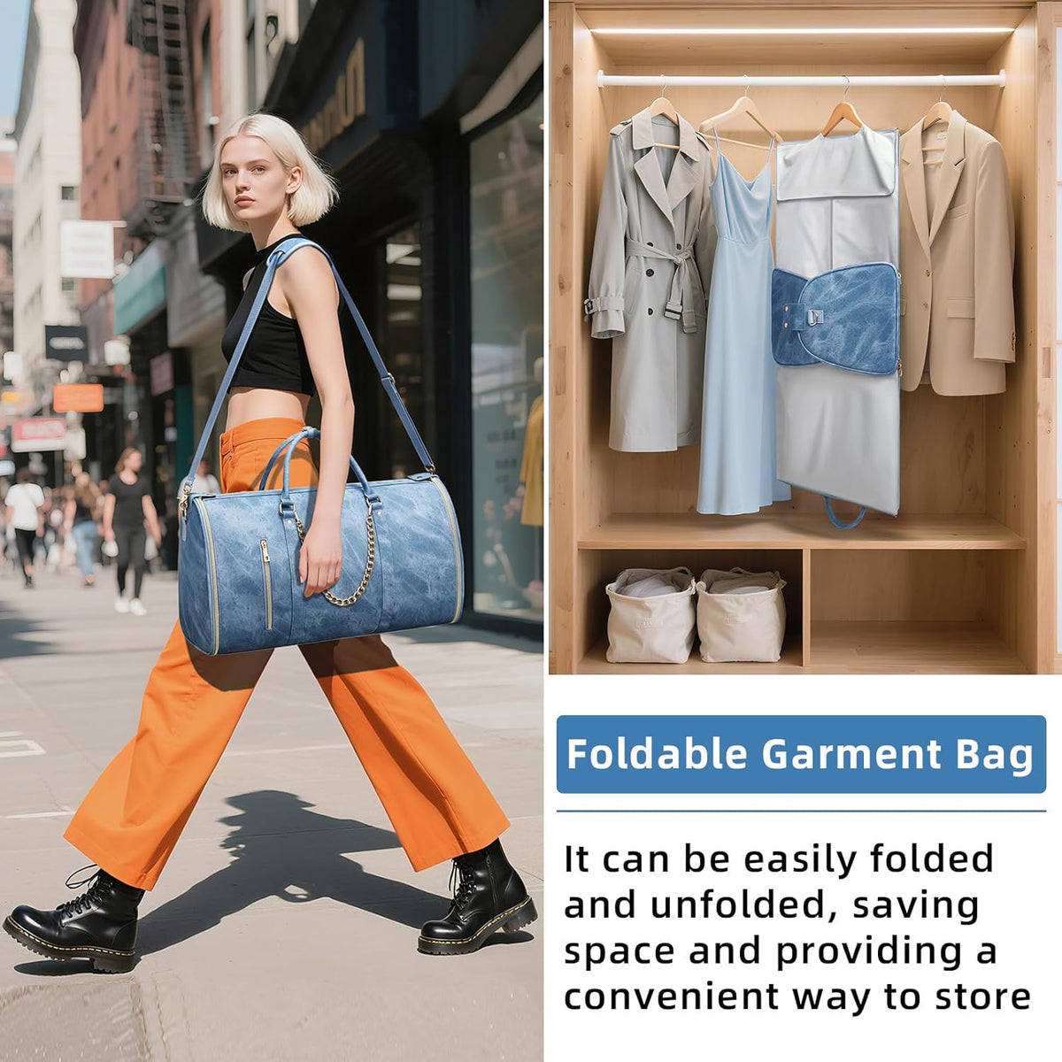 Garment Bags for Travel, Convertible Suit Travel Bag for Women, Stylish Carry On Garment Bag with Toiletry Pocket, Shoulder Strap and Shoes Compartment, 2 in 1 Foldable PU Leather Duffle Bag, Blue
