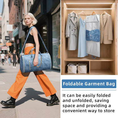 Garment Bags for Travel, Convertible Suit Travel Bag for Women, Stylish Carry On Garment Bag with Toiletry Pocket, Shoulder Strap and Shoes Compartment, 2 in 1 Foldable PU Leather Duffle Bag, Blue