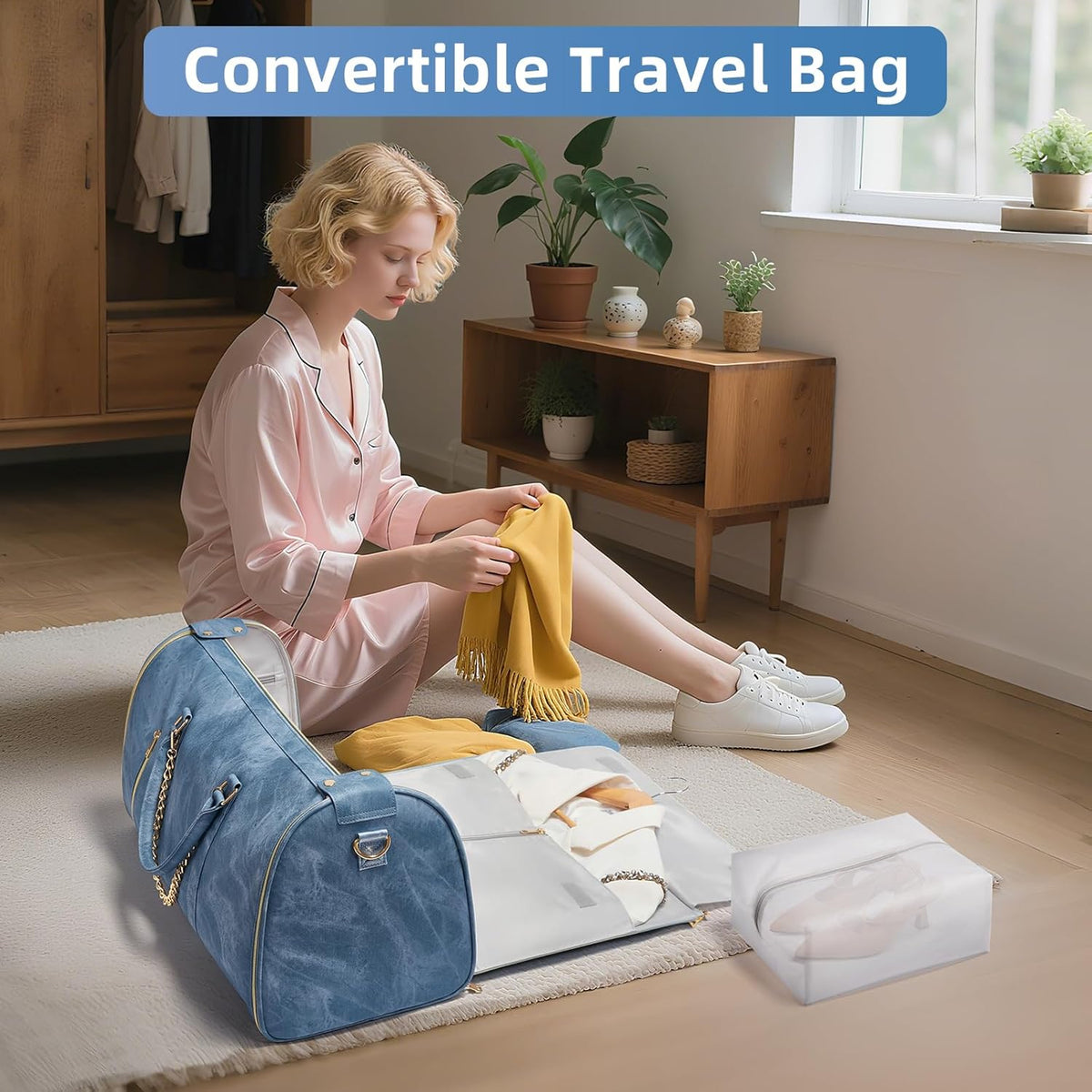 Garment Bags for Travel, Convertible Suit Travel Bag for Women, Stylish Carry On Garment Bag with Toiletry Pocket, Shoulder Strap and Shoes Compartment, 2 in 1 Foldable PU Leather Duffle Bag, Blue