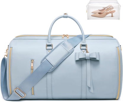 Garment Bags for Travel, Convertible Suit Travel Bag for Women, Stylish Carry On Garment Bag with Toiletry Pocket, Shoulder Strap and Shoes Compartment, 2 in 1 Foldable PU Leather Duffle Bag, Blue