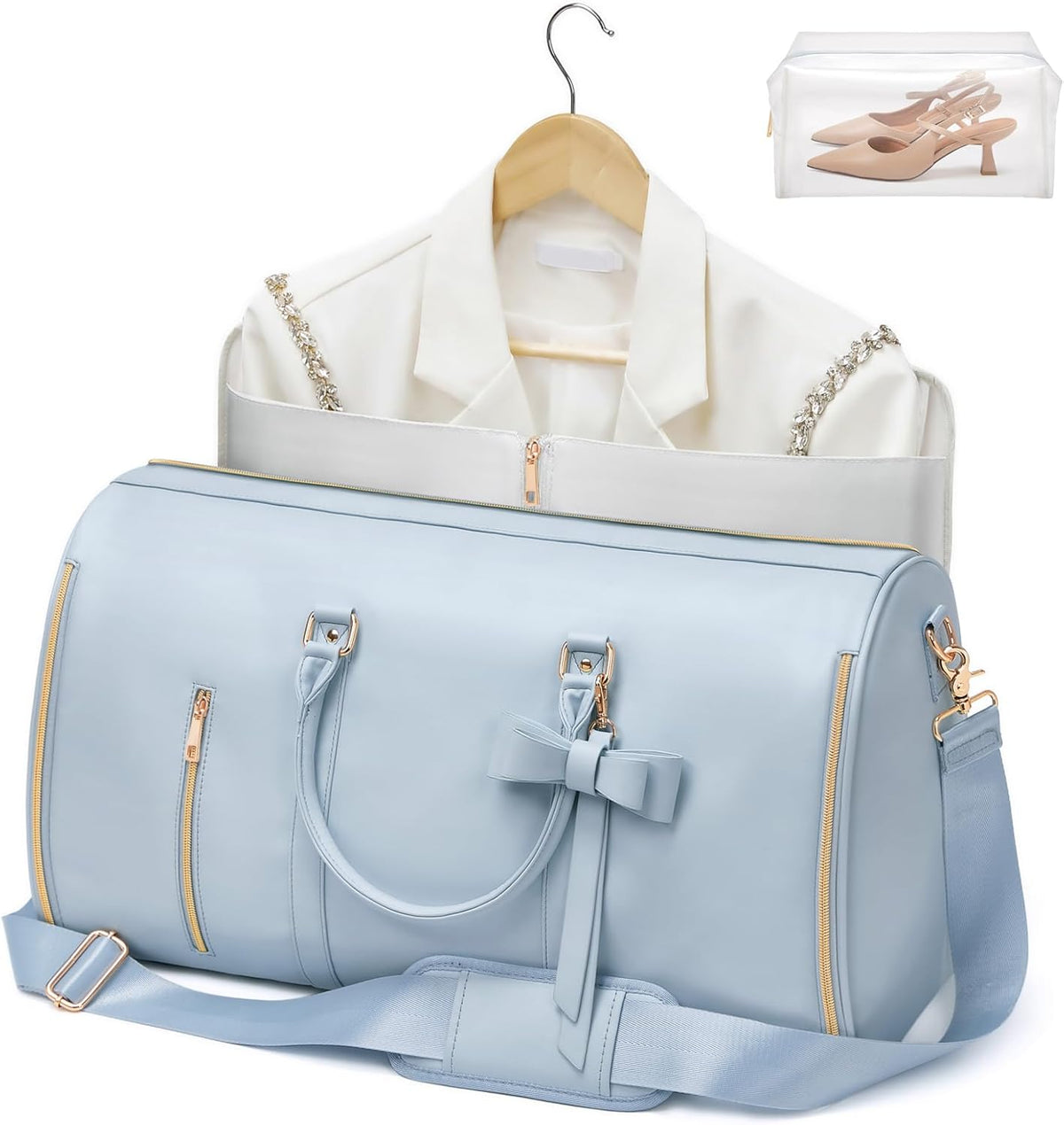Garment Bags for Travel, Convertible Suit Travel Bag for Women, Stylish Carry On Garment Bag with Toiletry Pocket, Shoulder Strap and Shoes Compartment, 2 in 1 Foldable PU Leather Duffle Bag, Blue
