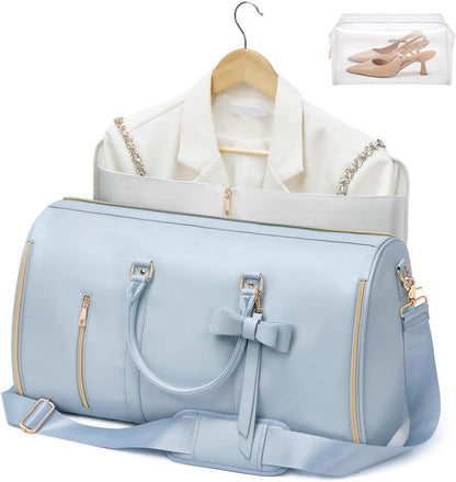 Garment Bags for Travel, Convertible Suit Travel Bag for Women, Stylish Carry On Garment Bag with Toiletry Pocket, Shoulder Strap and Shoes Compartment, 2 in 1 Foldable PU Leather Duffle Bag, Blue