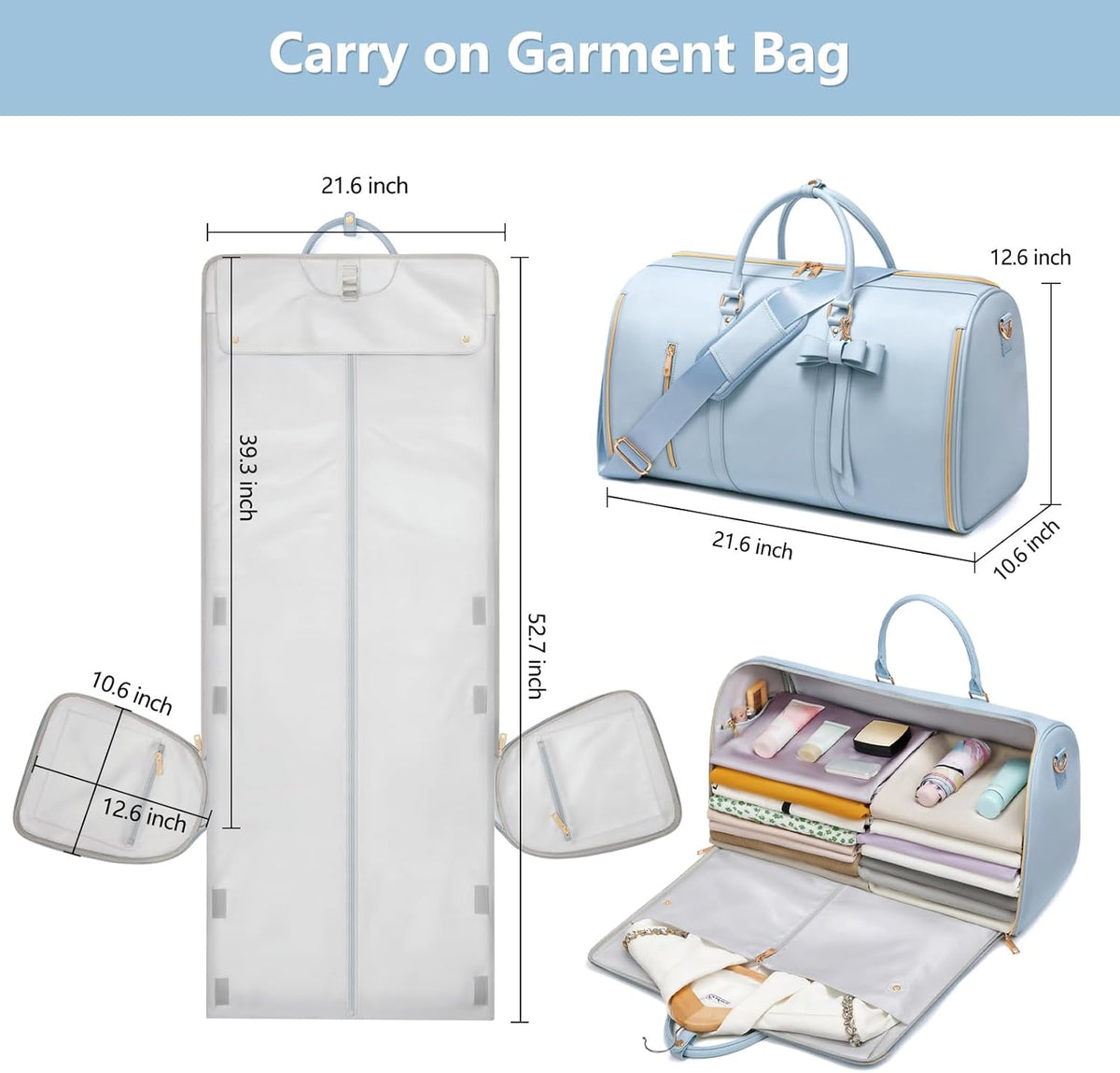 Garment Bags for Travel, Convertible Suit Travel Bag for Women, Stylish Carry On Garment Bag with Toiletry Pocket, Shoulder Strap and Shoes Compartment, 2 in 1 Foldable PU Leather Duffle Bag, Blue