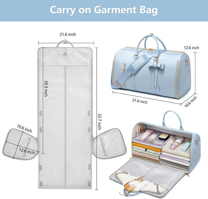 Garment Bags for Travel, Convertible Suit Travel Bag for Women, Stylish Carry On Garment Bag with Toiletry Pocket, Shoulder Strap and Shoes Compartment, 2 in 1 Foldable PU Leather Duffle Bag, Blue