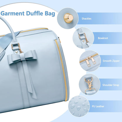Garment Bags for Travel, Convertible Suit Travel Bag for Women, Stylish Carry On Garment Bag with Toiletry Pocket, Shoulder Strap and Shoes Compartment, 2 in 1 Foldable PU Leather Duffle Bag, Blue