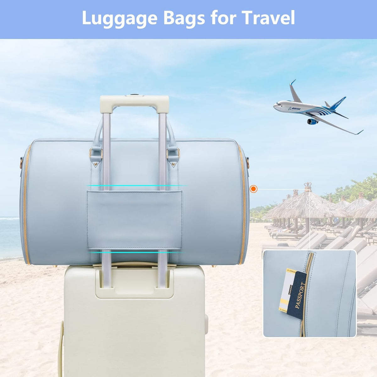 Garment Bags for Travel, Convertible Suit Travel Bag for Women, Stylish Carry On Garment Bag with Toiletry Pocket, Shoulder Strap and Shoes Compartment, 2 in 1 Foldable PU Leather Duffle Bag, Blue