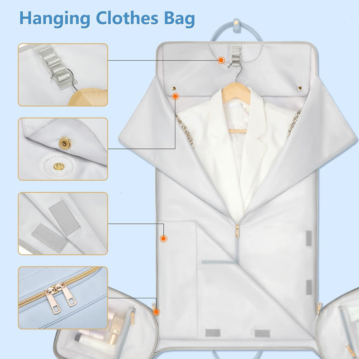Garment Bags for Travel, Convertible Suit Travel Bag for Women, Stylish Carry On Garment Bag with Toiletry Pocket, Shoulder Strap and Shoes Compartment, 2 in 1 Foldable PU Leather Duffle Bag, Blue