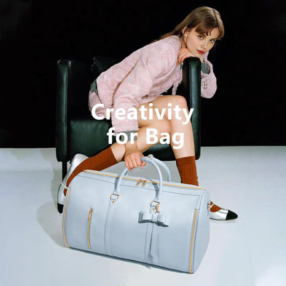 Garment Bags for Travel, Convertible Suit Travel Bag for Women, Stylish Carry On Garment Bag with Toiletry Pocket, Shoulder Strap and Shoes Compartment, 2 in 1 Foldable PU Leather Duffle Bag, Blue