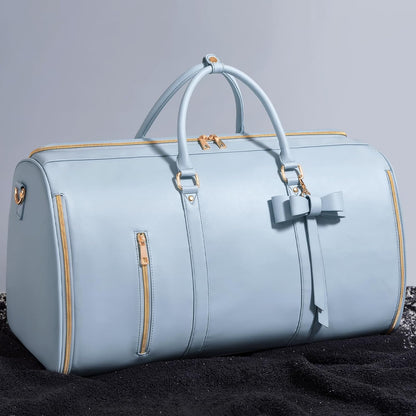 Garment Bags for Travel, Convertible Suit Travel Bag for Women, Stylish Carry On Garment Bag with Toiletry Pocket, Shoulder Strap and Shoes Compartment, 2 in 1 Foldable PU Leather Duffle Bag, Blue