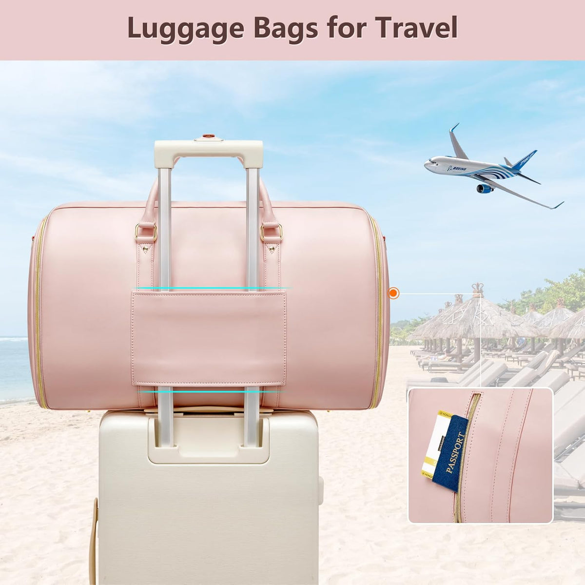 Garment Bags for Travel, Convertible Suit Travel Bag for Women, Stylish Carry On Garment Bag with Toiletry Pocket, Shoulder Strap and Shoes Compartment, 2 in 1 Foldable PU Leather Duffle Bag, Blue