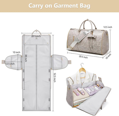 Garment Bags for Travel, Convertible Suit Travel Bag for Women, Stylish Carry On Garment Bag with Toiletry Pocket, Shoulder Strap and Shoes Compartment, 2 in 1 Foldable PU Leather Duffle Bag, Blue