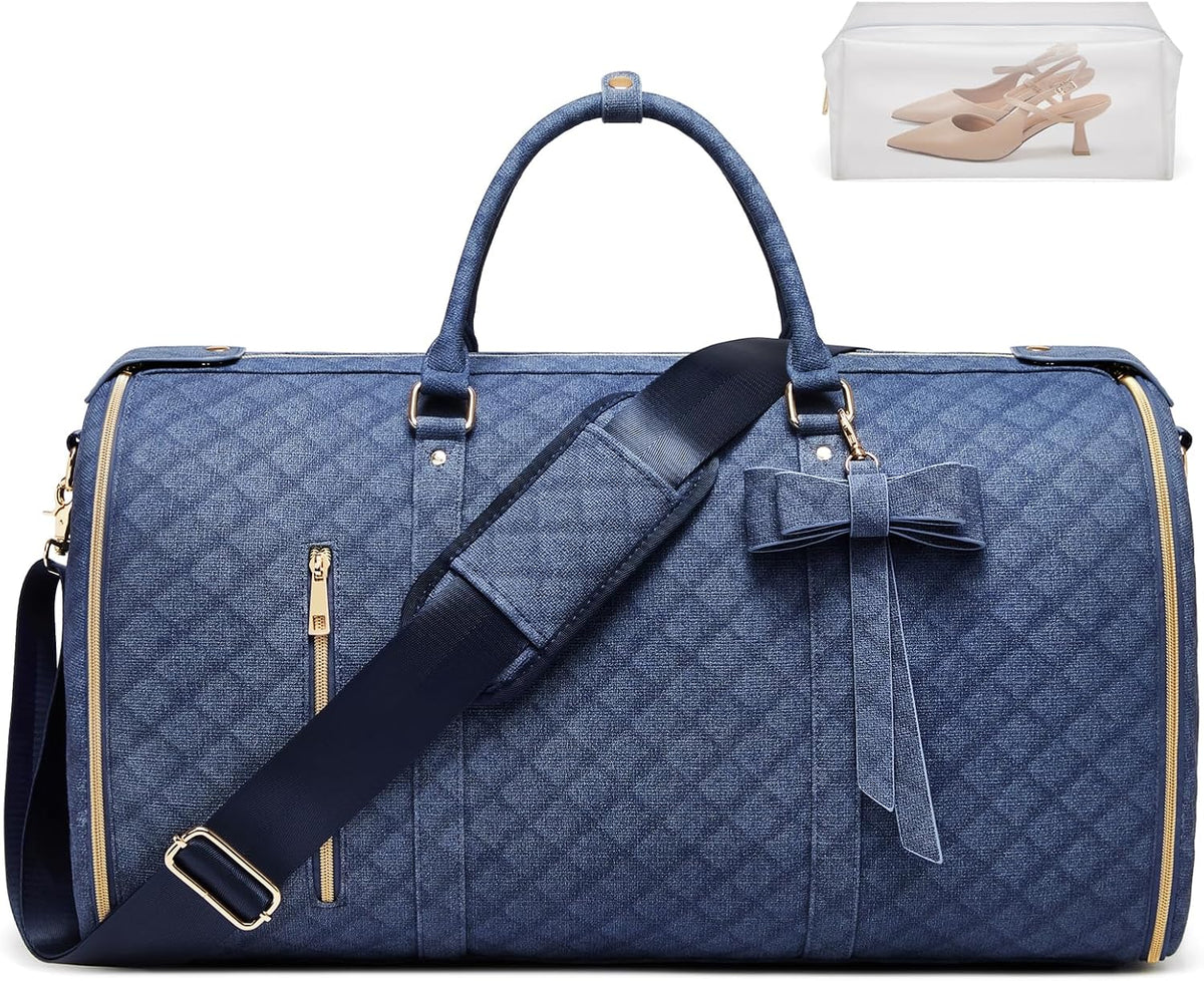 Garment Bags for Travel, Convertible Suit Travel Bag for Women, Stylish Carry On Garment Bag with Toiletry Pocket, Shoulder Strap and Shoes Compartment, 2 in 1 Foldable PU Leather Duffle Bag, Blue