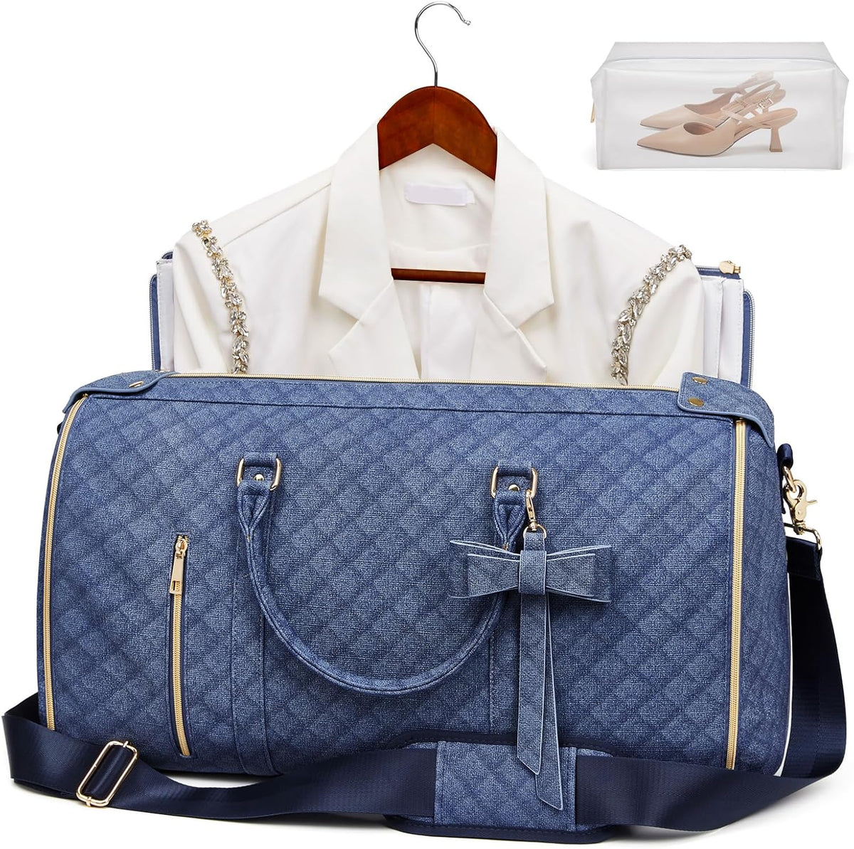 Garment Bags for Travel, Convertible Suit Travel Bag for Women, Stylish Carry On Garment Bag with Toiletry Pocket, Shoulder Strap and Shoes Compartment, 2 in 1 Foldable PU Leather Duffle Bag, Blue