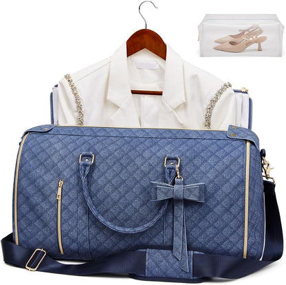 Garment Bags for Travel, Convertible Suit Travel Bag for Women, Stylish Carry On Garment Bag with Toiletry Pocket, Shoulder Strap and Shoes Compartment, 2 in 1 Foldable PU Leather Duffle Bag, Blue