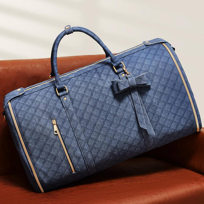 Garment Bags for Travel, Convertible Suit Travel Bag for Women, Stylish Carry On Garment Bag with Toiletry Pocket, Shoulder Strap and Shoes Compartment, 2 in 1 Foldable PU Leather Duffle Bag, Blue