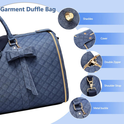 Garment Bags for Travel, Convertible Suit Travel Bag for Women, Stylish Carry On Garment Bag with Toiletry Pocket, Shoulder Strap and Shoes Compartment, 2 in 1 Foldable PU Leather Duffle Bag, Blue