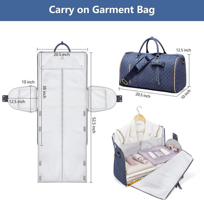 Garment Bags for Travel, Convertible Suit Travel Bag for Women, Stylish Carry On Garment Bag with Toiletry Pocket, Shoulder Strap and Shoes Compartment, 2 in 1 Foldable PU Leather Duffle Bag, Blue