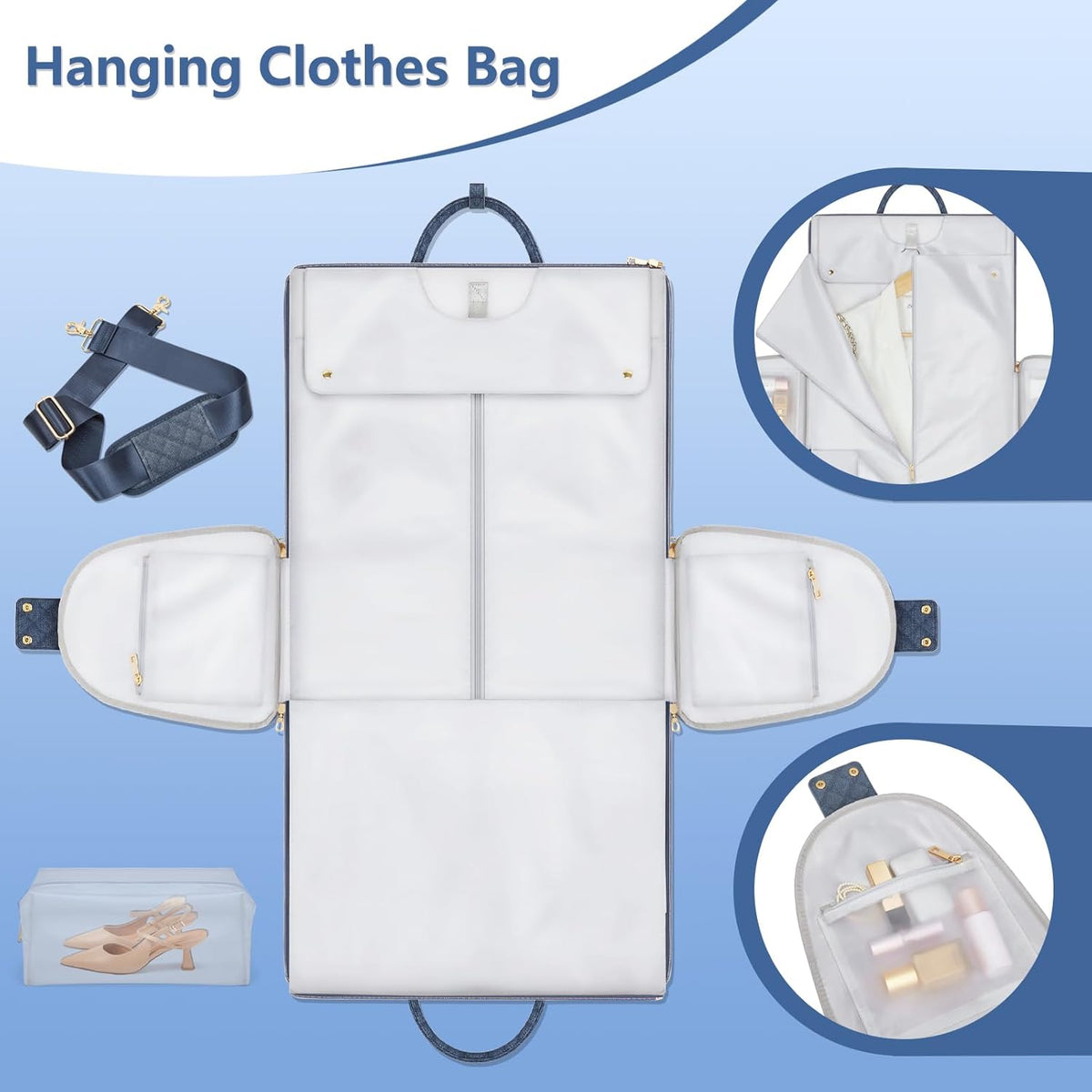 Garment Bags for Travel, Convertible Suit Travel Bag for Women, Stylish Carry On Garment Bag with Toiletry Pocket, Shoulder Strap and Shoes Compartment, 2 in 1 Foldable PU Leather Duffle Bag, Blue
