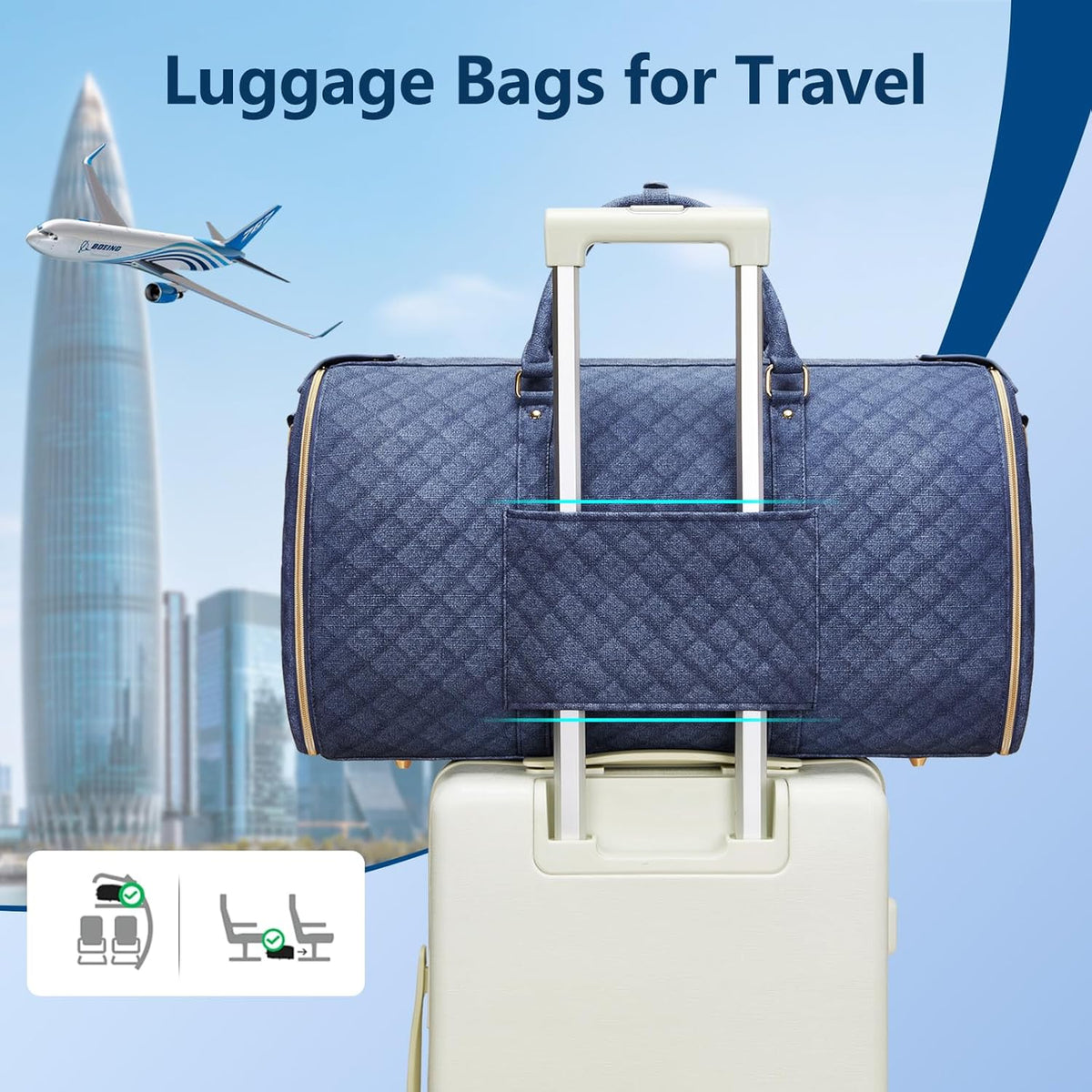 Garment Bags for Travel, Convertible Suit Travel Bag for Women, Stylish Carry On Garment Bag with Toiletry Pocket, Shoulder Strap and Shoes Compartment, 2 in 1 Foldable PU Leather Duffle Bag, Blue