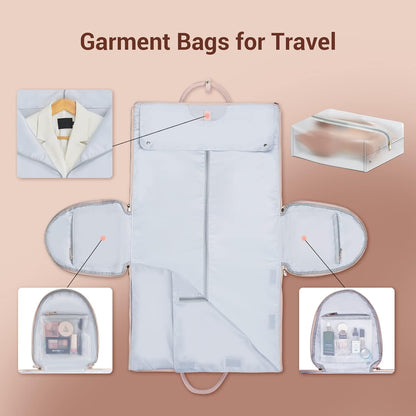 Garment Bags for Travel, Convertible Suit Travel Bag for Women, Stylish Carry On Garment Bag with Toiletry Pocket, Shoulder Strap and Shoes Compartment, 2 in 1 Foldable PU Leather Duffle Bag, Blue