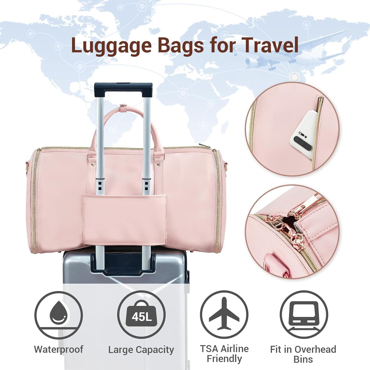 Garment Bags for Travel, Convertible Suit Travel Bag for Women, Stylish Carry On Garment Bag with Toiletry Pocket, Shoulder Strap and Shoes Compartment, 2 in 1 Foldable PU Leather Duffle Bag, Blue