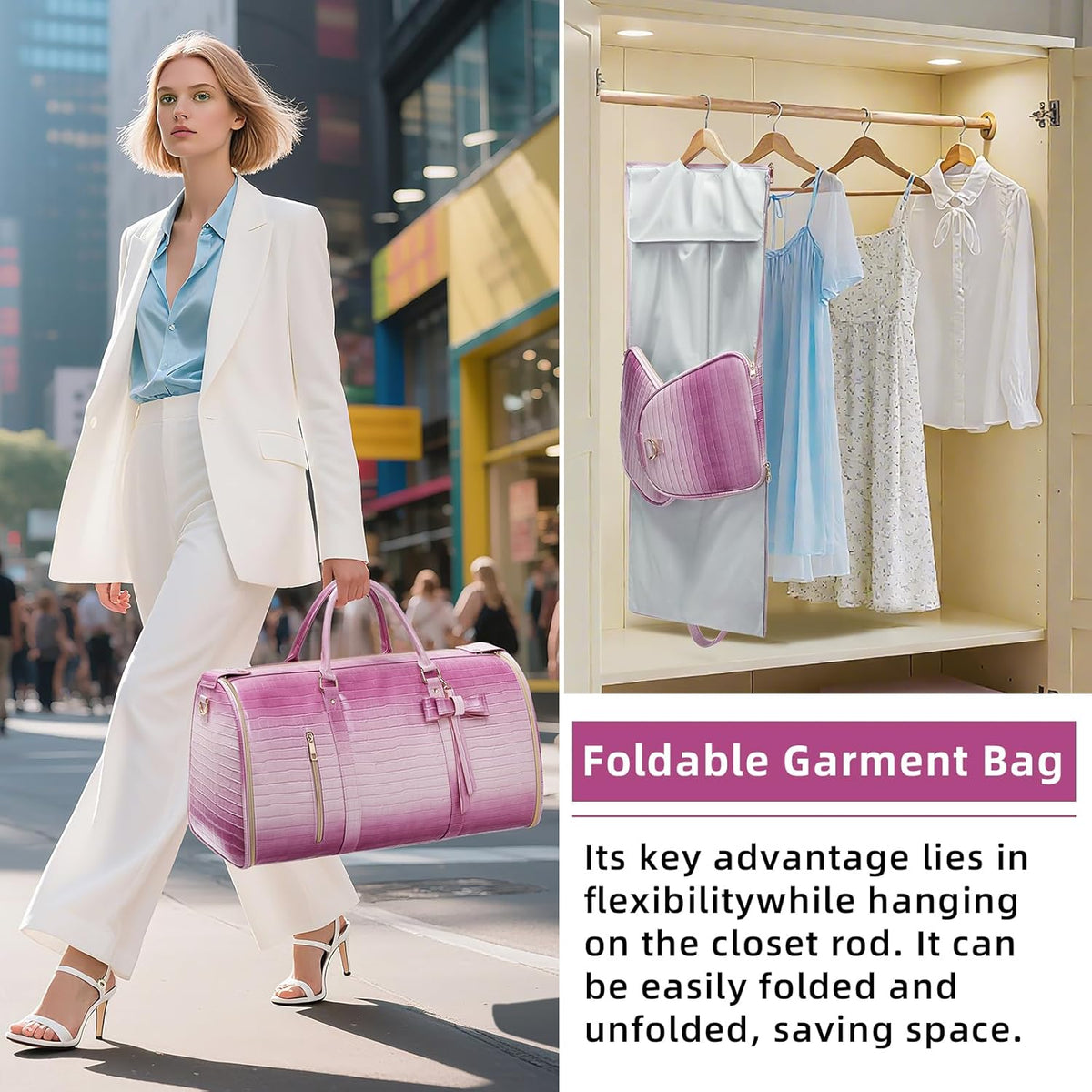 Garment Bags for Travel, Convertible Suit Travel Bag for Women, Stylish Carry On Garment Bag with Toiletry Pocket, Shoulder Strap and Shoes Compartment, 2 in 1 Foldable PU Leather Duffle Bag, Blue