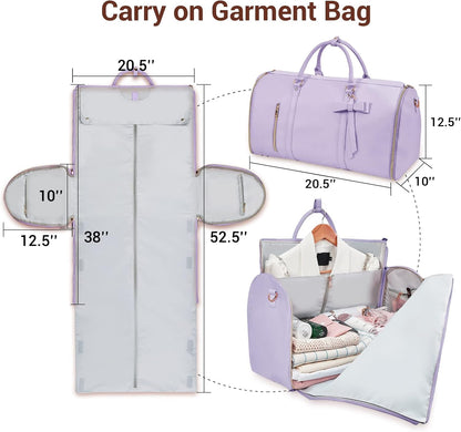 Garment Bags for Travel, Convertible Suit Travel Bag for Women, Stylish Carry On Garment Bag with Toiletry Pocket, Shoulder Strap and Shoes Compartment, 2 in 1 Foldable PU Leather Duffle Bag, Blue