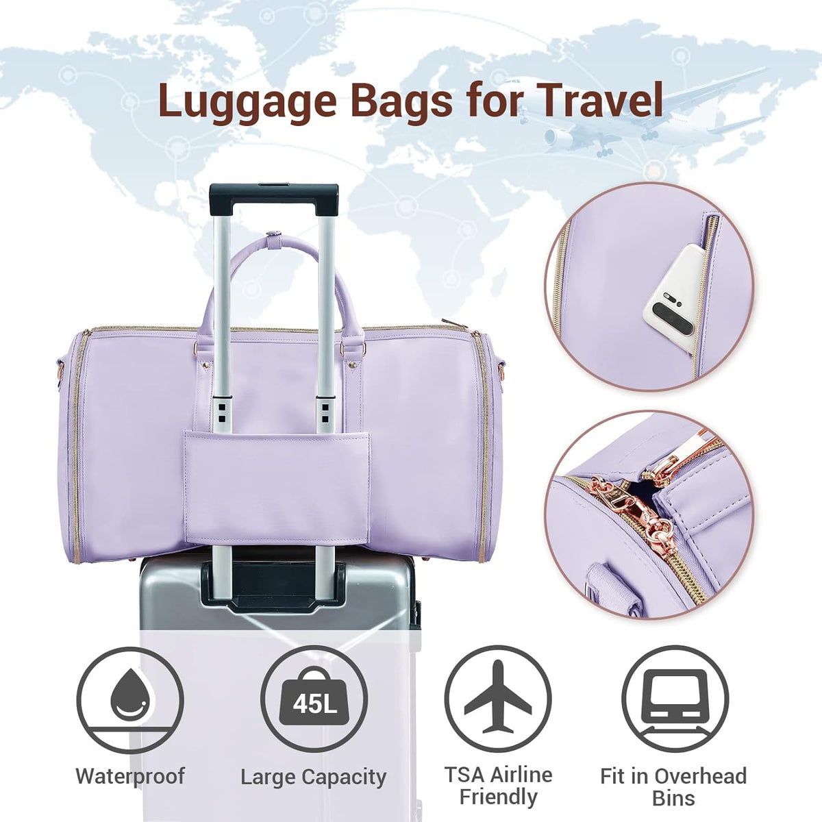 Garment Bags for Travel, Convertible Suit Travel Bag for Women, Stylish Carry On Garment Bag with Toiletry Pocket, Shoulder Strap and Shoes Compartment, 2 in 1 Foldable PU Leather Duffle Bag, Blue