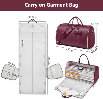 Garment Bags for Travel, Convertible Suit Travel Bag for Women, Stylish Carry On Garment Bag with Toiletry Pocket, Shoulder Strap and Shoes Compartment, 2 in 1 Foldable PU Leather Duffle Bag, Blue