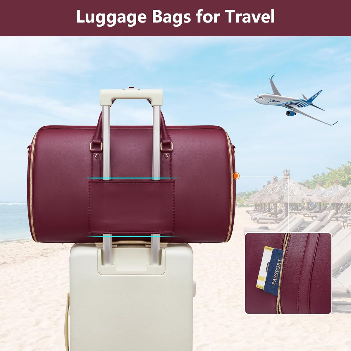 Garment Bags for Travel, Convertible Suit Travel Bag for Women, Stylish Carry On Garment Bag with Toiletry Pocket, Shoulder Strap and Shoes Compartment, 2 in 1 Foldable PU Leather Duffle Bag, Blue