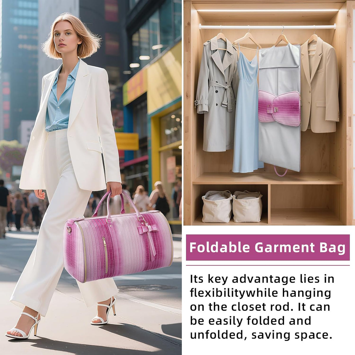 Garment Bags for Travel, Convertible Suit Travel Bag for Women, Stylish Carry On Garment Bag with Toiletry Pocket, Shoulder Strap and Shoes Compartment, 2 in 1 Foldable PU Leather Duffle Bag, Blue