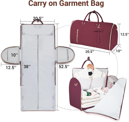 Garment Bags for Travel, Convertible Suit Travel Bag for Women, Stylish Carry On Garment Bag with Toiletry Pocket, Shoulder Strap and Shoes Compartment, 2 in 1 Foldable PU Leather Duffle Bag, Blue