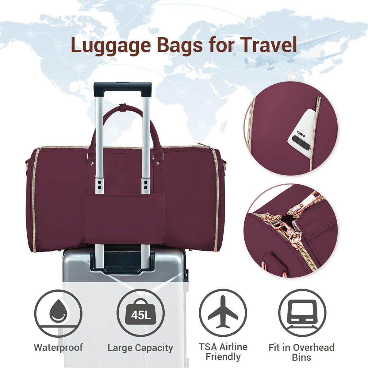 Garment Bags for Travel, Convertible Suit Travel Bag for Women, Stylish Carry On Garment Bag with Toiletry Pocket, Shoulder Strap and Shoes Compartment, 2 in 1 Foldable PU Leather Duffle Bag, Blue