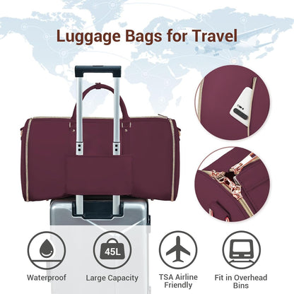 Garment Bags for Travel, Convertible Suit Travel Bag for Women, Stylish Carry On Garment Bag with Toiletry Pocket, Shoulder Strap and Shoes Compartment, 2 in 1 Foldable PU Leather Duffle Bag, Blue