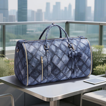 Garment Bags for Travel, Convertible Suit Travel Bag for Women, Stylish Carry On Garment Bag with Toiletry Pocket, Shoulder Strap and Shoes Compartment, 2 in 1 Foldable PU Leather Duffle Bag, Blue