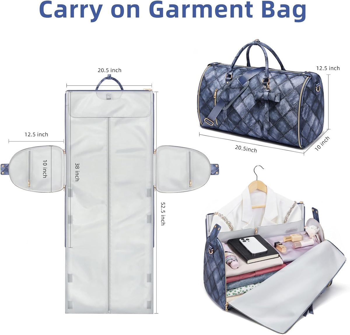 Garment Bags for Travel, Convertible Suit Travel Bag for Women, Stylish Carry On Garment Bag with Toiletry Pocket, Shoulder Strap and Shoes Compartment, 2 in 1 Foldable PU Leather Duffle Bag, Blue