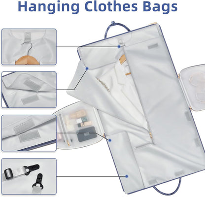 Garment Bags for Travel, Convertible Suit Travel Bag for Women, Stylish Carry On Garment Bag with Toiletry Pocket, Shoulder Strap and Shoes Compartment, 2 in 1 Foldable PU Leather Duffle Bag, Blue