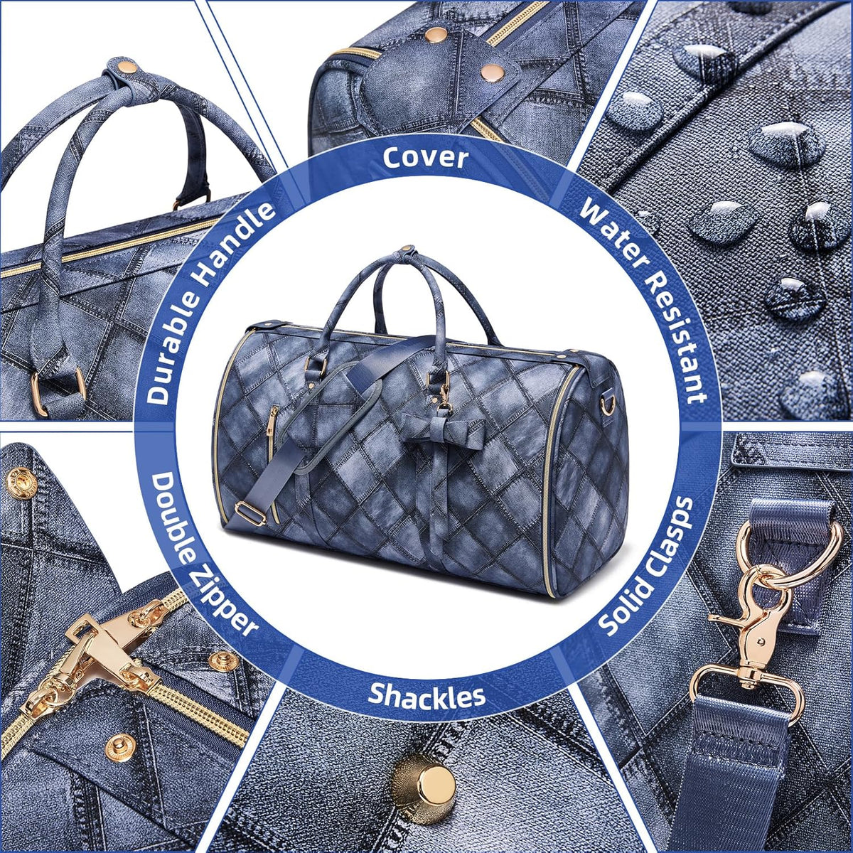 Garment Bags for Travel, Convertible Suit Travel Bag for Women, Stylish Carry On Garment Bag with Toiletry Pocket, Shoulder Strap and Shoes Compartment, 2 in 1 Foldable PU Leather Duffle Bag, Blue