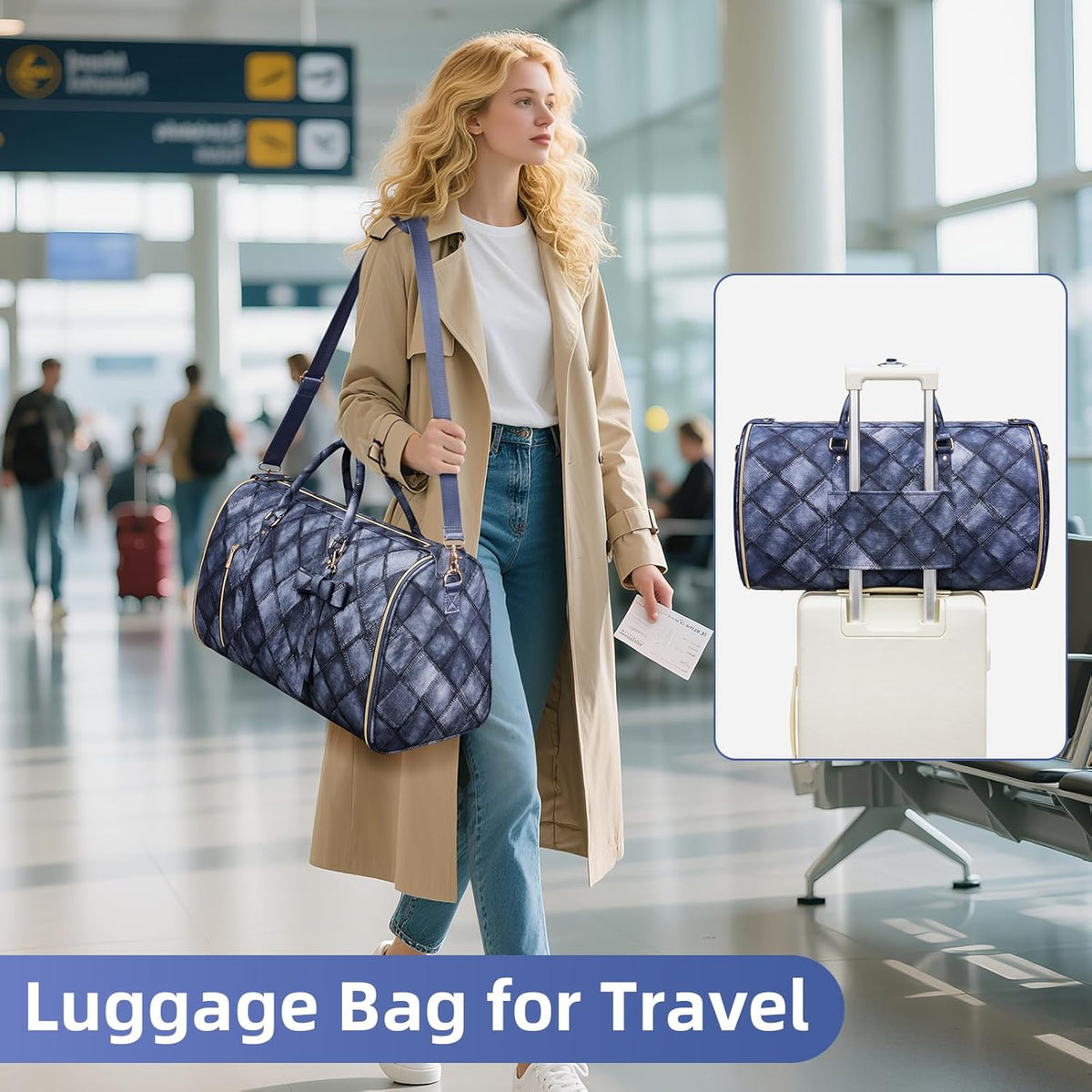 Garment Bags for Travel, Convertible Suit Travel Bag for Women, Stylish Carry On Garment Bag with Toiletry Pocket, Shoulder Strap and Shoes Compartment, 2 in 1 Foldable PU Leather Duffle Bag, Blue