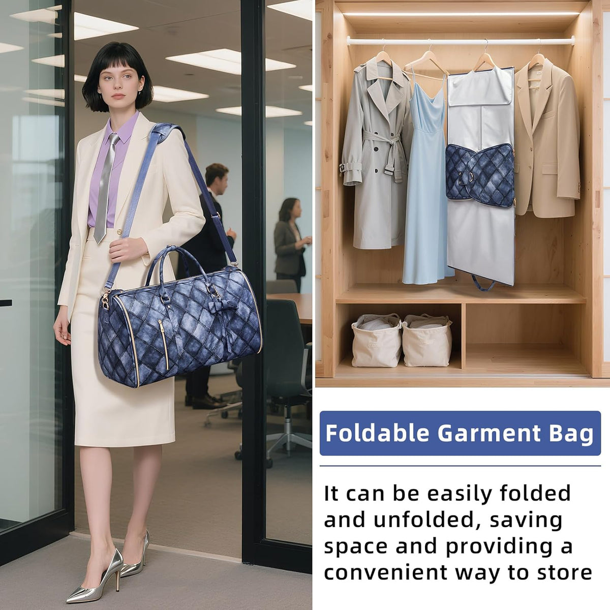 Garment Bags for Travel, Convertible Suit Travel Bag for Women, Stylish Carry On Garment Bag with Toiletry Pocket, Shoulder Strap and Shoes Compartment, 2 in 1 Foldable PU Leather Duffle Bag, Blue