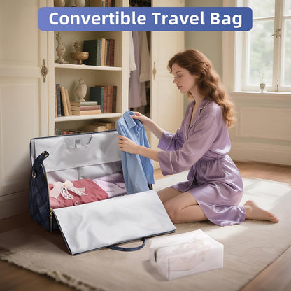 Garment Bags for Travel, Convertible Suit Travel Bag for Women, Stylish Carry On Garment Bag with Toiletry Pocket, Shoulder Strap and Shoes Compartment, 2 in 1 Foldable PU Leather Duffle Bag, Blue