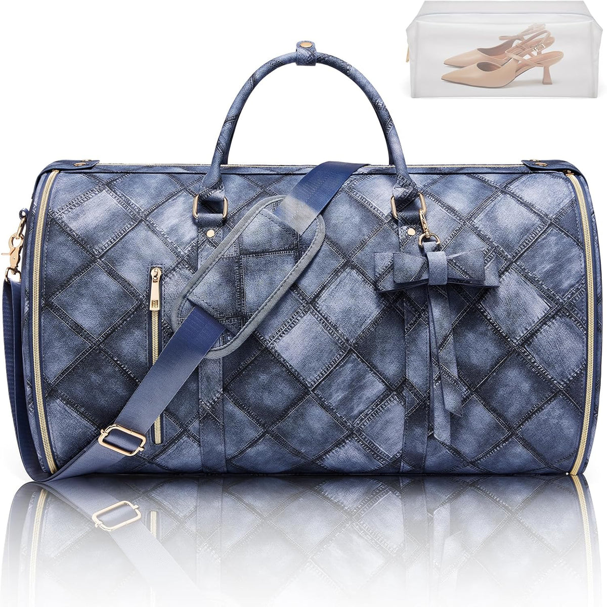 Garment Bags for Travel, Convertible Suit Travel Bag for Women, Stylish Carry On Garment Bag with Toiletry Pocket, Shoulder Strap and Shoes Compartment, 2 in 1 Foldable PU Leather Duffle Bag, Blue