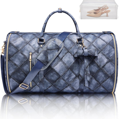 Garment Bags for Travel, Convertible Suit Travel Bag for Women, Stylish Carry On Garment Bag with Toiletry Pocket, Shoulder Strap and Shoes Compartment, 2 in 1 Foldable PU Leather Duffle Bag, Blue