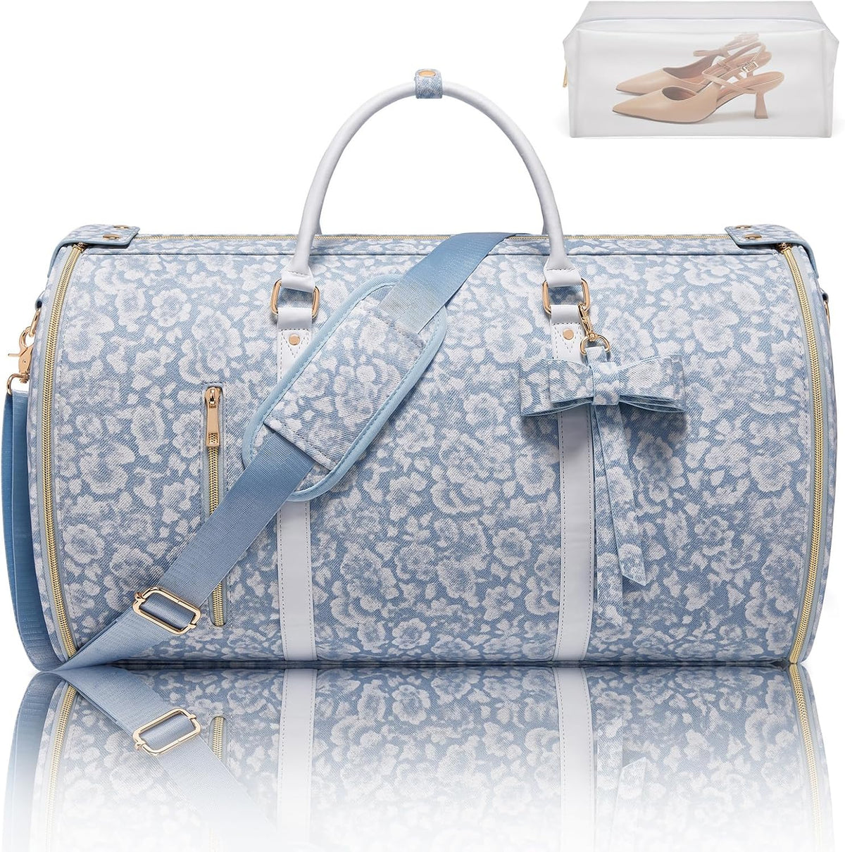 Garment Bags for Travel, Convertible Suit Travel Bag for Women, Stylish Carry On Garment Bag with Toiletry Pocket, Shoulder Strap and Shoes Compartment, 2 in 1 Foldable PU Leather Duffle Bag, Blue