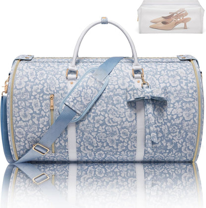Garment Bags for Travel, Convertible Suit Travel Bag for Women, Stylish Carry On Garment Bag with Toiletry Pocket, Shoulder Strap and Shoes Compartment, 2 in 1 Foldable PU Leather Duffle Bag, Blue