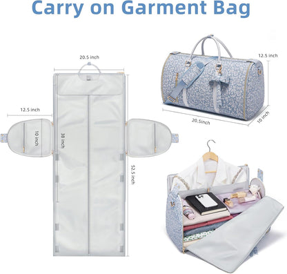 Garment Bags for Travel, Convertible Suit Travel Bag for Women, Stylish Carry On Garment Bag with Toiletry Pocket, Shoulder Strap and Shoes Compartment, 2 in 1 Foldable PU Leather Duffle Bag, Blue