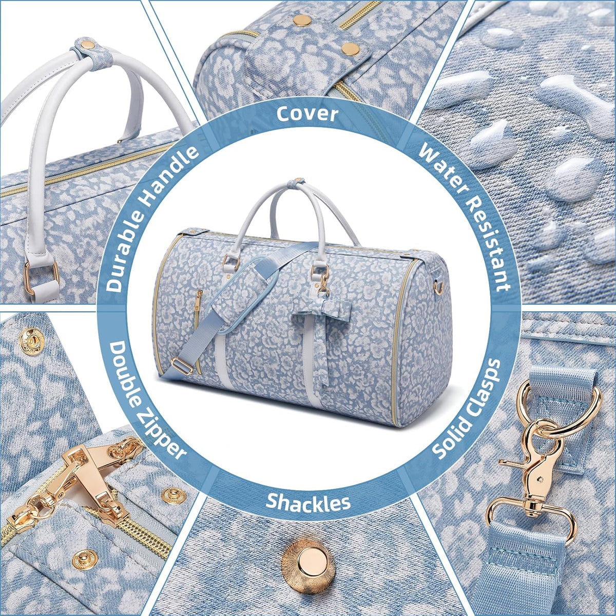 Garment Bags for Travel, Convertible Suit Travel Bag for Women, Stylish Carry On Garment Bag with Toiletry Pocket, Shoulder Strap and Shoes Compartment, 2 in 1 Foldable PU Leather Duffle Bag, Blue