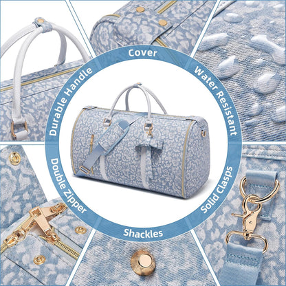 Garment Bags for Travel, Convertible Suit Travel Bag for Women, Stylish Carry On Garment Bag with Toiletry Pocket, Shoulder Strap and Shoes Compartment, 2 in 1 Foldable PU Leather Duffle Bag, Blue