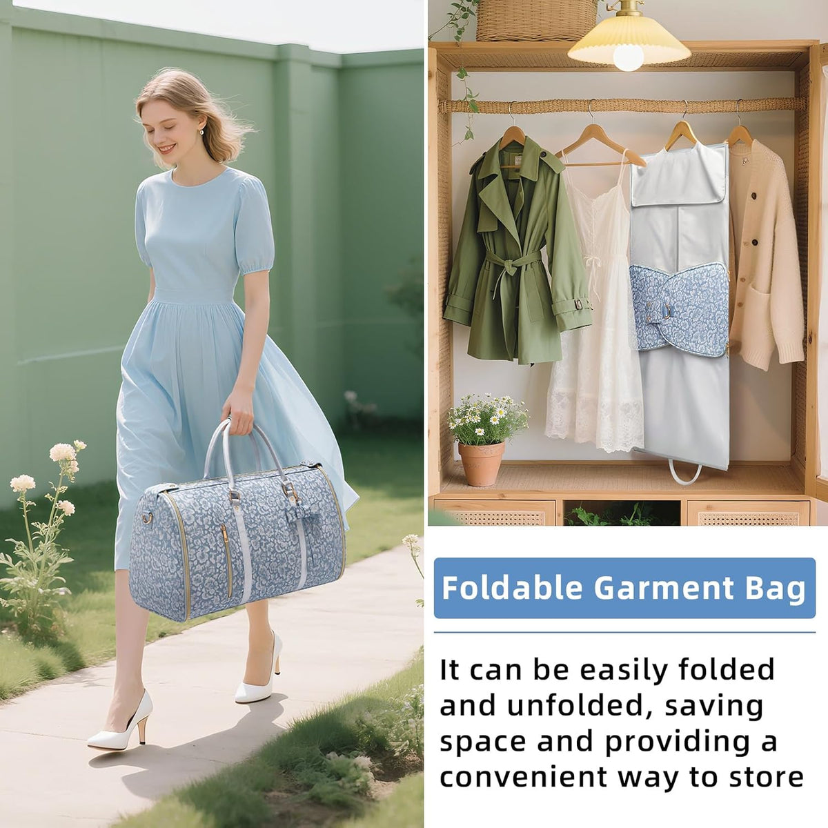 Garment Bags for Travel, Convertible Suit Travel Bag for Women, Stylish Carry On Garment Bag with Toiletry Pocket, Shoulder Strap and Shoes Compartment, 2 in 1 Foldable PU Leather Duffle Bag, Blue